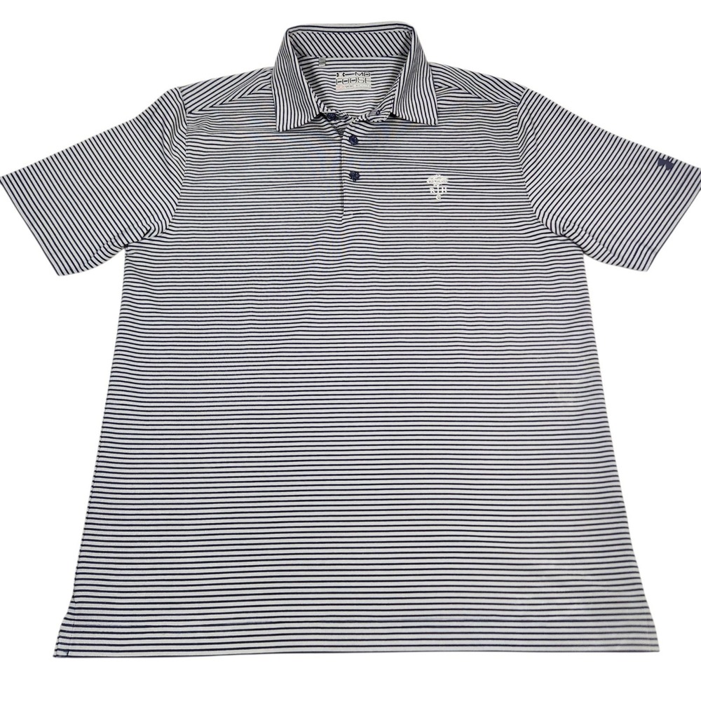 Under Armour Mens Medium  HeatGear Loose Golf Polo Blue White Striped Logo